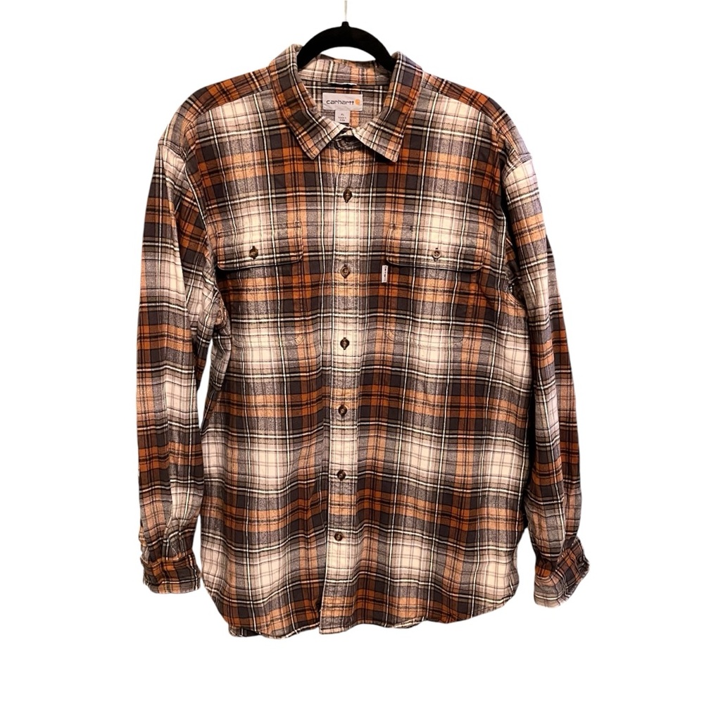Carhartt Men XL Heavy Plaid Check Long Slv Button Down Work Flannel Shacket LOGO
